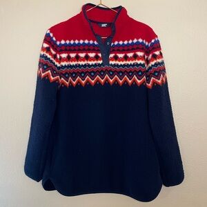 Lands End Women's Heritage Fleece Snap Neck Pullover Size M Red Navy Chevron
